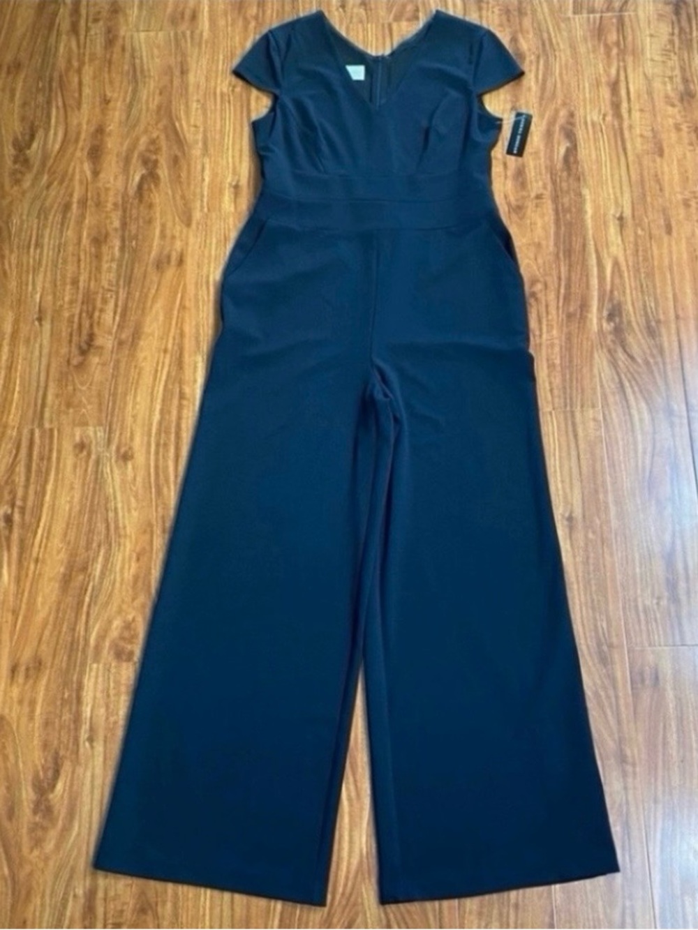 NWT New Donna Morgan Womens Navy V Neck Jersey Wide Leg Jumpsuit Size 14 Preppy